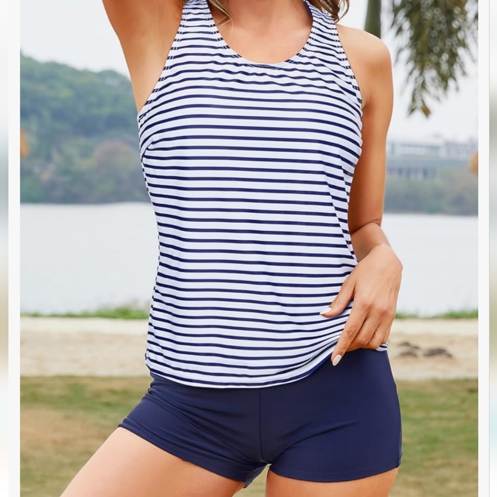Yonique  2 Piece Top Without Bra & Boy  Shorts  Swimwear NWT Size L